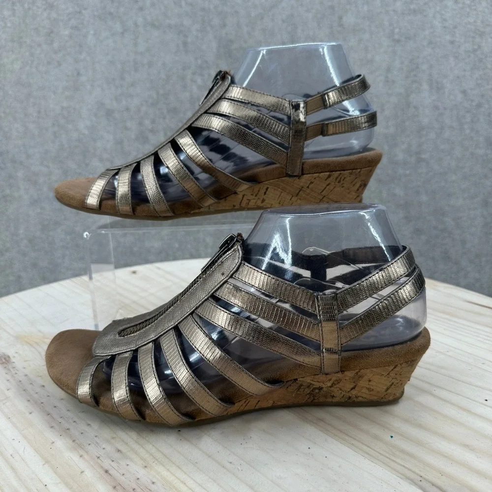 A2 by Aerosoles Yetaway Wedge Sandals Womens 8.5M Bronze Metallic Gladiator Zip